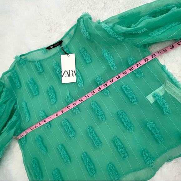 NWT Zara Sheer Puff Sleeve Spearmint Green Fringe Textured Blouse - Picture 11 of 12